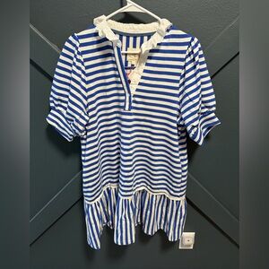 Umgee Blue and White Striped Dress with Beautiful Lace Details